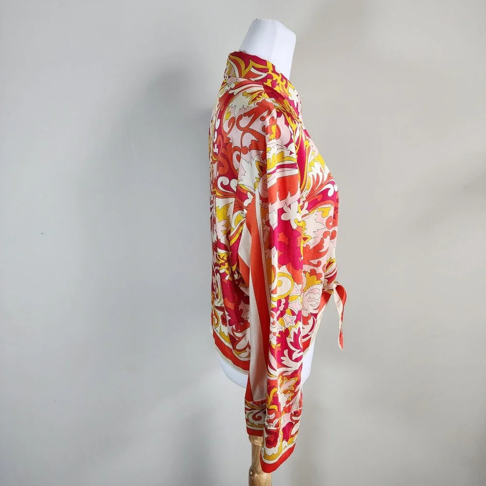 Zara Tie Front Blouse Womens XL Psychedelic Retro Floral Boho Festival Orange - Picture 3 of 14